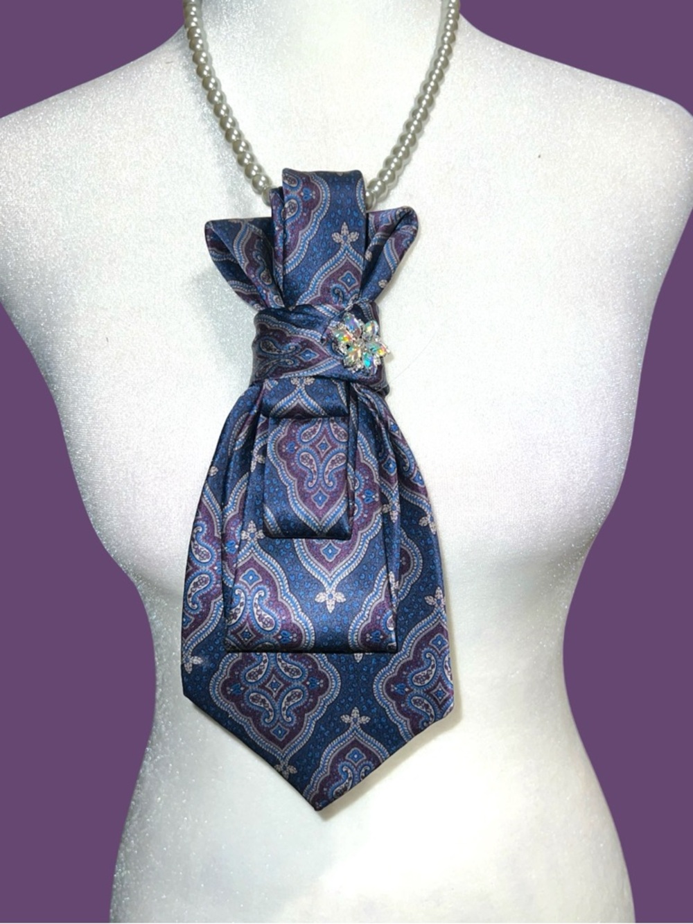 Pearl Necklace with Navy Paisley Silk Pendant